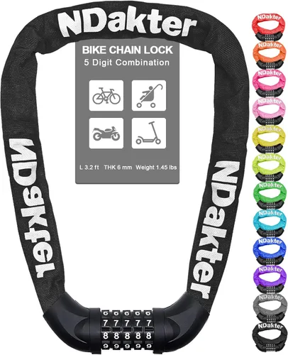 Vista 34 de NDakter Cerradura de cadena para bicicleta, combinación de 5 dígitos, resistente, antirrobo, cerradura de bicicleta de seguridad