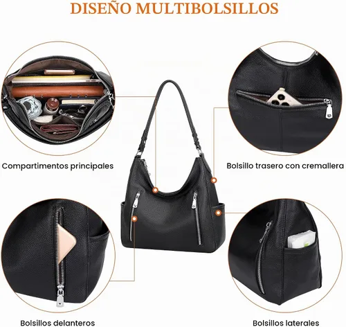 Vista 4 de Over Earth Monederos de cuero genuino Bolso de hombro tipo hobo mediano 01-Negro