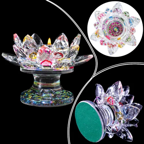 Vista 7 de H&D HYALINE & DORA Portavelas de loto de cristal multicolor (11.4 cm - Multi) K9 - Portavelas de loto de cristal para decoración del hogar, centro