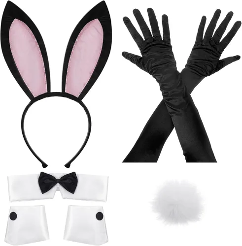 Vista 8 de Zhanmai Juego de accesorios de disfraz de conejo de Halloween para mujer Diadema de orejas de conejo rojo rosa, puños, cola y guantes, accesorio