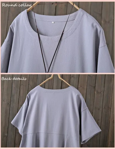 Vista 3 de Tebreux Vestido midi de lino para mujer, de gran tamaño, manga corta, holgado, con bolsillos