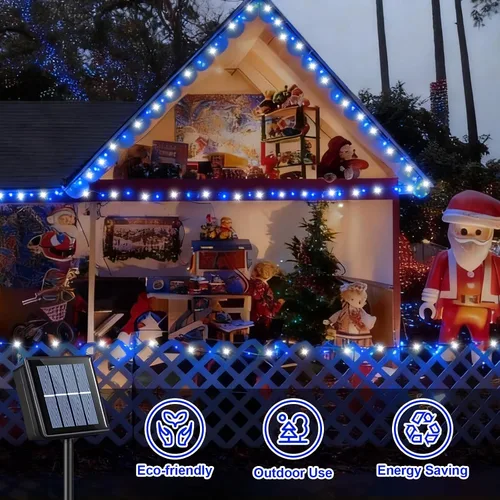 Vista 7 de QITONG Paquete de 2 luces solares azules y blancas de Navidad, cada cadena de 200 luces LED solares de 66 pies para exteriores, impermeable, 8 modos