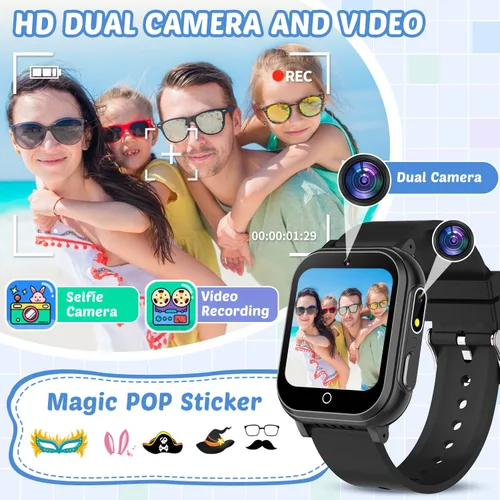 Vista 4 de Reloj inteligente impermeable para niños con 32 juegos, cámara dual, video, seguimiento de hábitos, reproductor de música, podómetro, protectores