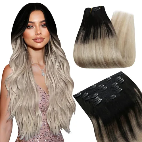 Vista 34 de Ugeat Extensiones de cabello humano con clip de 12 pulgadas, extensiones de cabello balayage con clip, marrón chocolate ombre, extensiones
