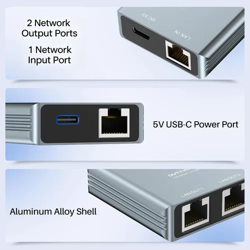 Vista 3 de Divisor Ethernet de 1000 Mbps 1 a 2, Divisor de red RJ45 de alta velocidad Gigabit, con cable de alimentación de 3 pies, 2 dispositivos de red