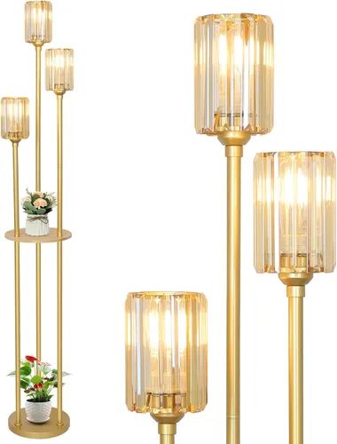 Vista 9 de HMVPL Lámparas de pie doradas para sala de estar, lámpara de pie moderna con estantes, lámparas de pie de cristal con mesa, lámpara alta de latón