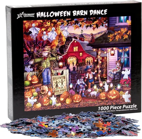 Vista 4 de Vermont Christmas Company Rompecabezas de baile de granero de Halloween de 1000 piezas
