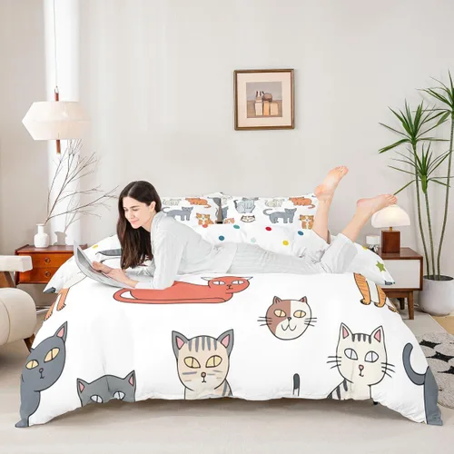 Vista 2 de Feelyou Juego de funda nórdica con estampado de gatos, tamaño individual