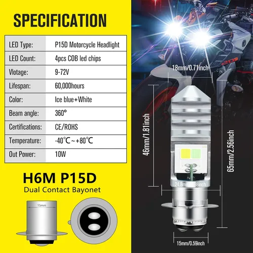 Vista 7 de 2 piezas 9-48V Bombillas LED para ATV, luz baja azul hielo, luz alta blanca H6M P15D para motocicleta, Yamaha, ATVS YFM350 450 400 660 700 Raptor.
