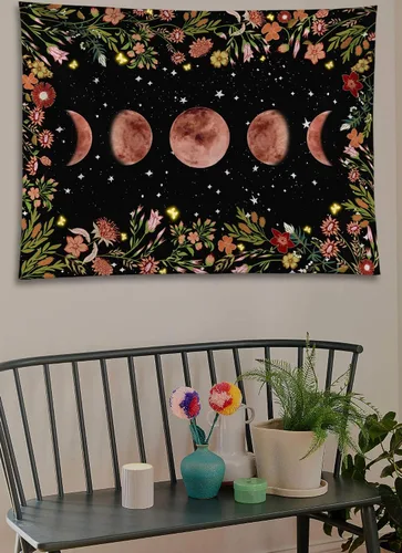 Vista 3 de Rexful Tapiz de jardín iluminado por la luna, fase lunar rodeada de plantas y flores, manta negra para colgar en la pared, 36 x 48 pulgadas