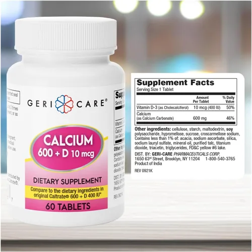 Vista 3 de GeriCare Calcio 600mg - Vitamina D 10mcg Tabletas - Salud ósea - Suplemento nutricional, 60 unidades (paquete de 1)