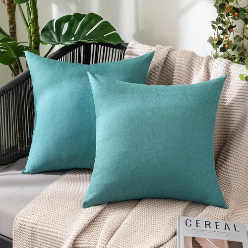 Vista 10 de MIULEE - Paquete de 2 fundas de almohada decorativas para exteriores, impermeables, sólidas, de imitación de lino, para jardín, casa de campo, Azul