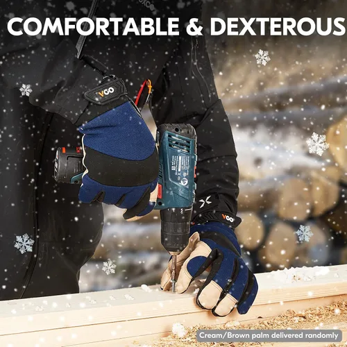 Vista 6 de Vgo... 1 par de guantes de trabajo de seguridad de cuero de piel de cerdo con forro para 32℉ o superior, cálidos para invierno frío, almacenamiento