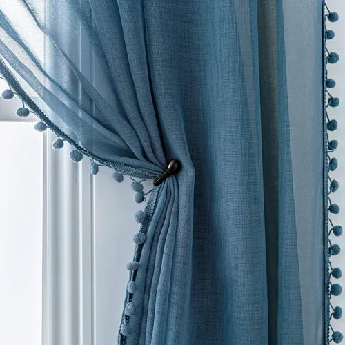 Vista 17 de MISS SELECTEX Cortinas semitransparentes con aspecto de lino y borlas de pompones - Cortinas de gasa semitransparentes con bolsillo para varilla