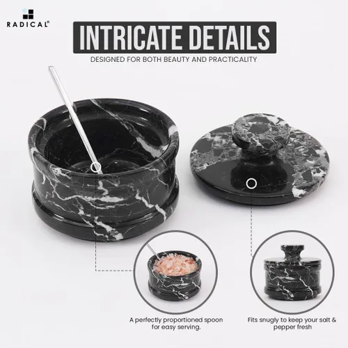 Vista 5 de Radicaln Salero de Mármol con Tapa de 3.5 Pulgadas, Caja de Sal Cebra Negra, Contenedor de Condimentos y Frascos de Especias, Portasales de Piedra