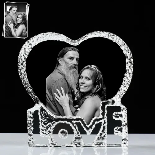Vista 2 de Marco de fotos de cristal con tu propia foto y texto grabado, diseño de amor personalizado en forma de corazón, regalo de mesa, regalos de cristal