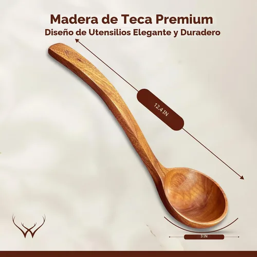 Vista 6 de Prime - Juego de cucharón de madera de teca con soporte para cuchara, cucharón de sopa grande y profundo con mango de gancho para cocinar, servir