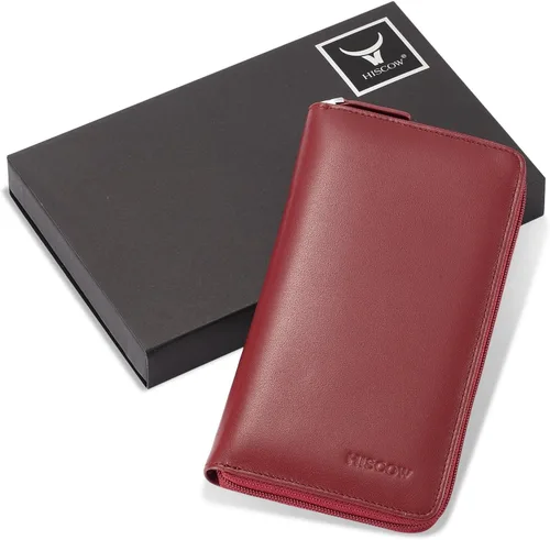 Vista 7 de HISCOW Funda para chequera con cremallera y tarjetero con divisor - Piel de becerro italiana, Rojo vino, Classic