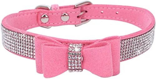 Vista 4 de Collar de perro con diamantes de imitación y lazo ajustable para mascotas, talla XXS, XS, tamaño pequeño, mediano y grande, color rosa, talla XX S