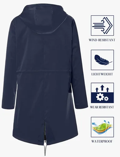 Vista 2 de Yimoon Chubasqueros para mujer, impermeables, largos, con cremallera y capucha, casual, ligero, forrado, con bolsillos, Azul oscuro