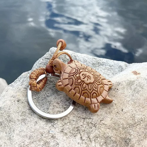 Vista 7 de Dijes de buena suerte Llavero de tortuga Llavero de Feng Shui Amuleto de la suerte de madera de la sandalia Lindo llavero Regalos de buena