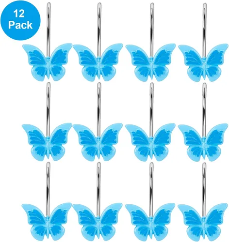Vista 2 de AGPTEK Ganchos para cortina de ducha, ganchos decorativos de mariposa para baño, habitación de bebé, dormitorio, decoración de sala de estar (azul)