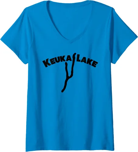 Vista 6 de Keuka Lake Upstate NY- Camiseta con cuello en V para mujer, Azul / Patchwork, S