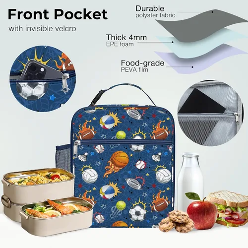 Vista 5 de Clastyle Bolsa de almuerzo deportiva con aislamiento de grafiti para niños, bolsa térmica grande para niños, color azul, picnic, escuela, lonchera