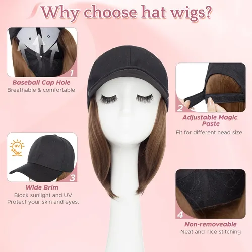 Vista 4 de SEGO Peluca de sombrero, sombrero con cabello adjunto para mujer, gorra de béisbol negra con extensiones de cabello, gorra de béisbol corta