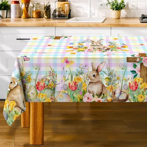 Vista 6 de Mantel Redondo de Pascua, Mantel Redondo de Mesa de Pascua de 70 Pulgadas con Conejo y Huevos, Cubierta de Mesa de Cocina a Cuadros Búfalo