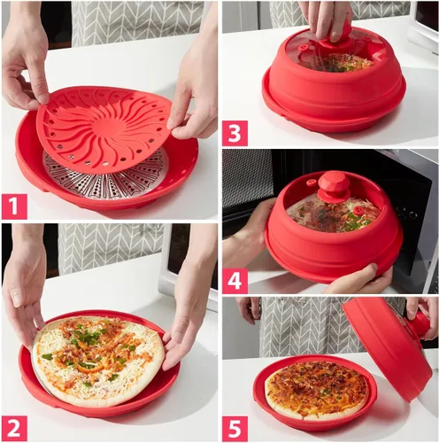 Vista 6 de Funda de silicona plegable para microondas, tapa de salpicaduras multifunción ventilada con plato de vidrio para cocinar alimentos y tocino, apto