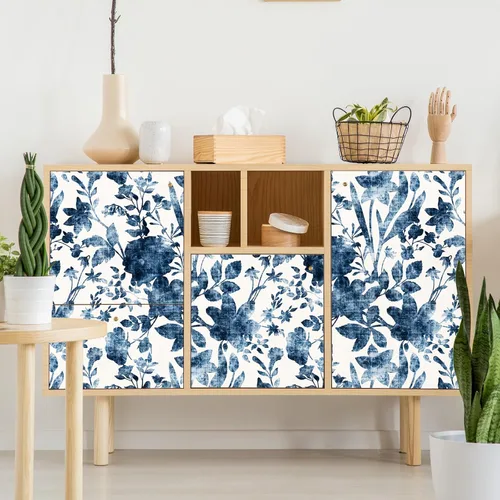 Vista 6 de Papel tapiz vintage azul floral para despegar y pegar, papel de contacto de hojas de ramas, impermeable, extraíble, fácil de despegar, 17.71 x 118.1