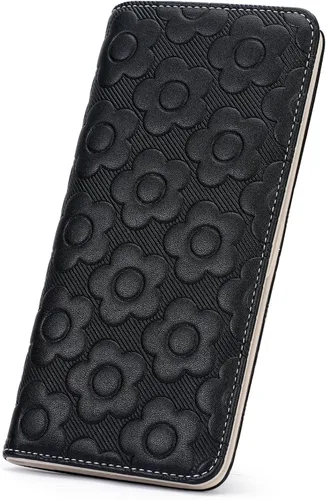 Vista 11 de Cartera delgada ultradelgada para mujer 3D de cuero con estampado de flores en relieve para mujer, cartera con bloqueo RFID, tarjetero plegable