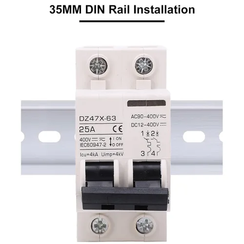 Vista 4 de Mini disyuntor de CA CC, disyuntor miniatura de CA CC Interruptor de desconexión 2P AC DC 25A 400V Montaje en carril DIN para solares, disyuntores