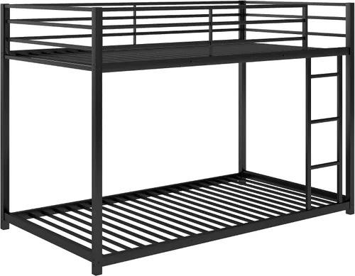 Vista 5 de Litera de metal individual sobre individual, litera baja resistente con barandillas de seguridad y escalera para niños, adolescentes y adultos,