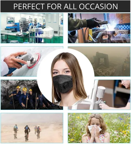 Vista 6 de Máscara facial negra con válvula de respiración, paquete de 5 unidades, mascarillas desechables para mujeres y hombres, 5 capas no tejidas
