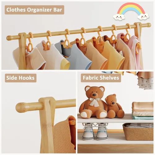 Vista 6 de Perchero de ropa para niños con 2 estantes de tela, soporte plegable para ropa infantil con barra para colgar, organizador de disfraces pequeño