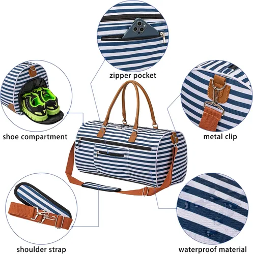 Vista 6 de Kuston Bolsas deportivas para gimnasio con compartimento para zapatos bolsas de viaje para hombres y mujeres Franjas Azules