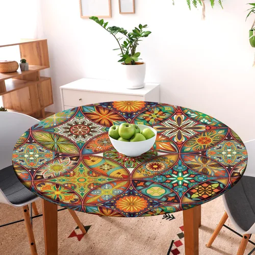 Vista 2 de Mantel redondo ajustado con elástico Manteles redondos para exteriores con elástico Fundas de mesa ajustadas para mesas Mantel de vinilo Boho