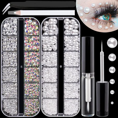 Vista 10 de Kit de diamantes de imitación y perlas con parte trasera plana, cristal redondo AB y gemas blancas transparentes+perlas blancas y beige