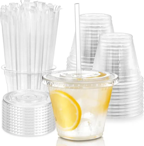 Vista 18 de Fit Meal Prep Paquete de 100 Vasos de Plástico para Café Helado de 16 oz con Tapas Planas y Pajitas Transparentes, Vaso Transparente Desechable