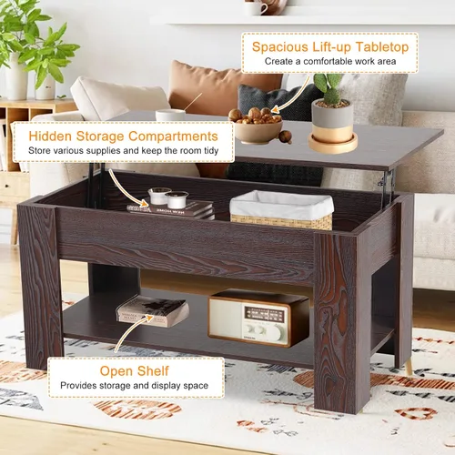Vista 5 de Mesa de centro elevable para sala de estar, mesa de centro de madera con estante de almacenamiento/compartimento oculto, mesa de centro moderna