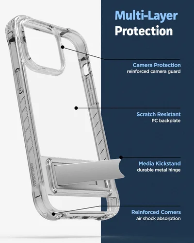 Vista 5 de ENCASED Funda con función atril para iPhone 14 con soporte (aleación de metal duradera), funda ultra protectora con protector de pantalla