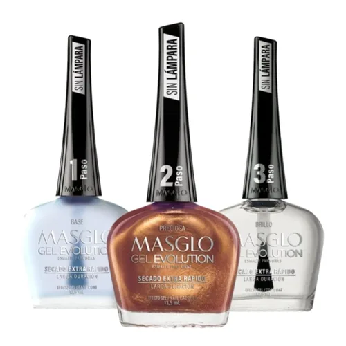 Vista 6 de MASGLO Evolution - Esmalte de uñas con efecto gel, sin lámpara UV/LED, duración de hasta 12 días, 3 unidades, base, color, brillo, efecto de gel sin