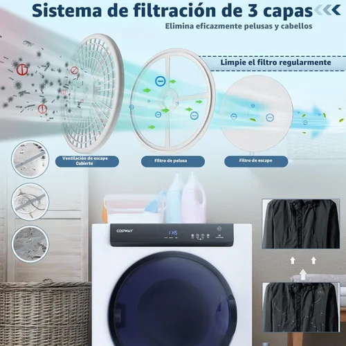 Vista 3 de COSTWAY Secadora portátil compacta, con panel táctil, 2 modos, 3 potencias de calefacción y ventilación de escape ajustable, secadora de ropa