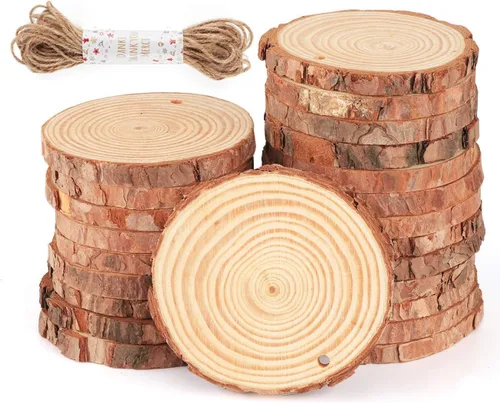 Vista 8 de ilauke - 30 piezas de láminas de madera natural de 2.7"-3.1" con agujero pretaladrado, madera sin terminar con corteza, círculos de madera