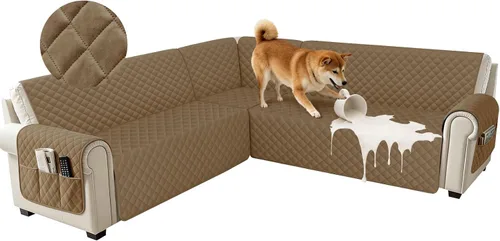 Vista 12 de Fundas impermeables para sofá seccional de esquina en forma de L, de terciopelo, juego de 6 piezas, funda en forma de U para sofá, para perros