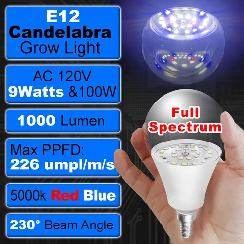 Vista 3 de Bombillas de crecimiento de espectro completo con candelabro E12 rojo azul 5000K E12, base pequeña, 9 W, bombilla de crecimiento de luz solar que