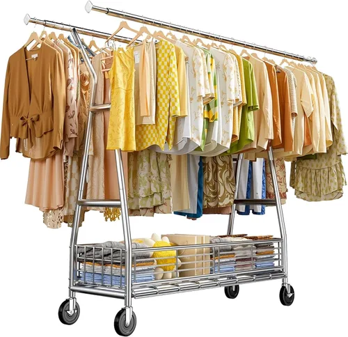 Vista 10 de Raybee Perchero resistente de alta capacidad 285KG, perchero para ropa con varillas dobles y cesta de almacenamiento, perchero portátil para ropa