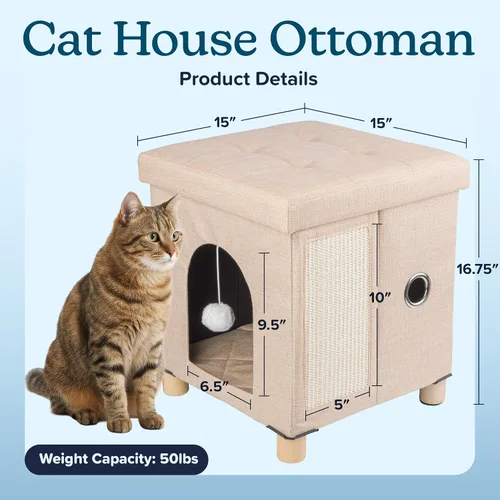 Vista 2 de PETMAKER Reposapiés otomano de casa para gatos para interiores, beige, 15 x